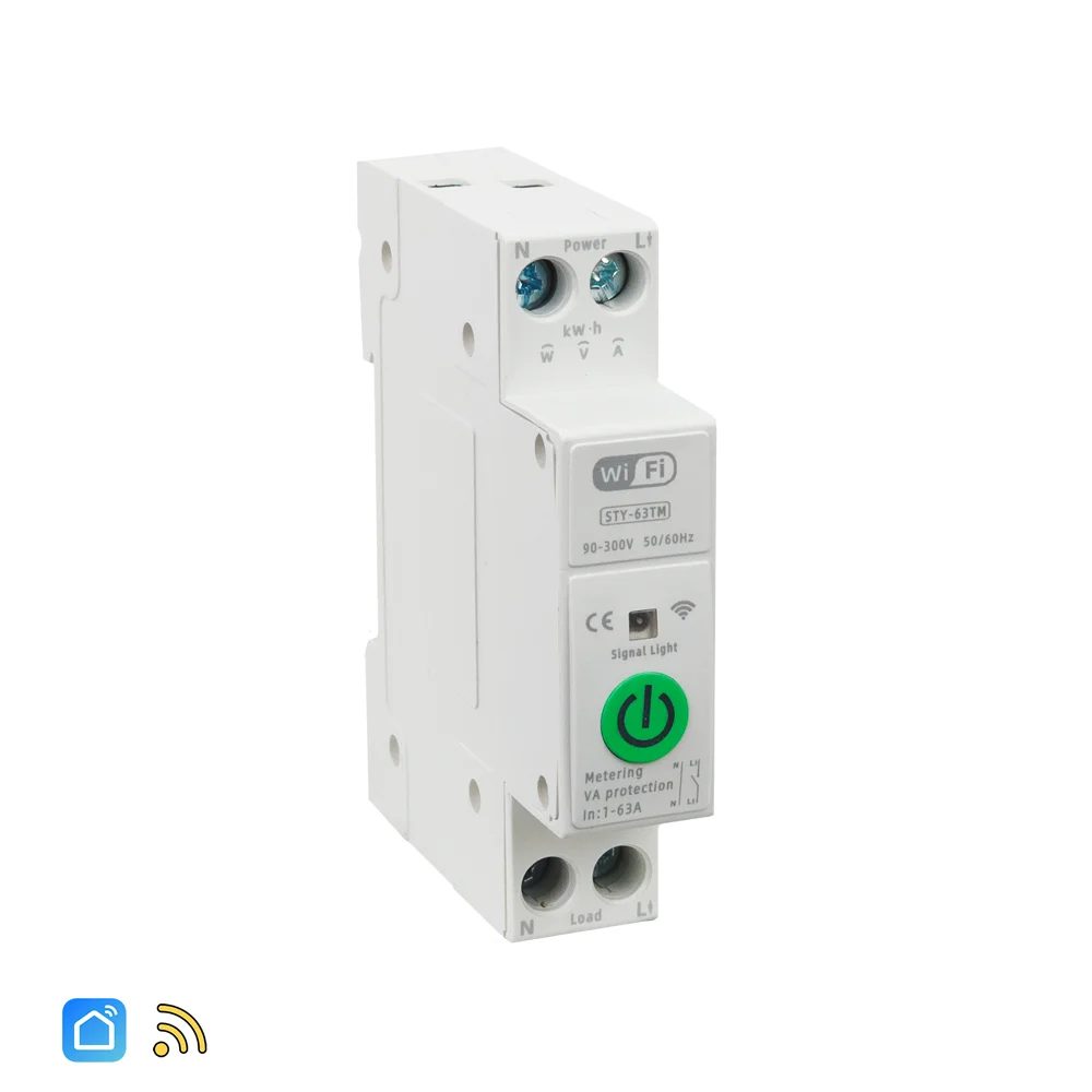 WiFi smart switch 60A with power monitoring for DIN rail installation